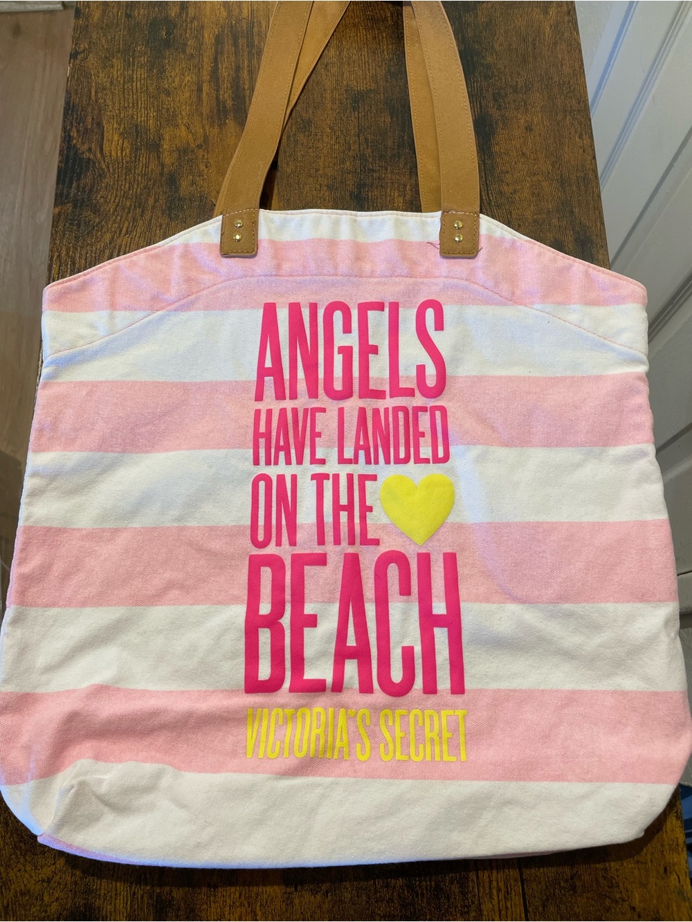 🏝️ VS Angels Have Landed Pink Striped Canvas Tote Bag ☀️